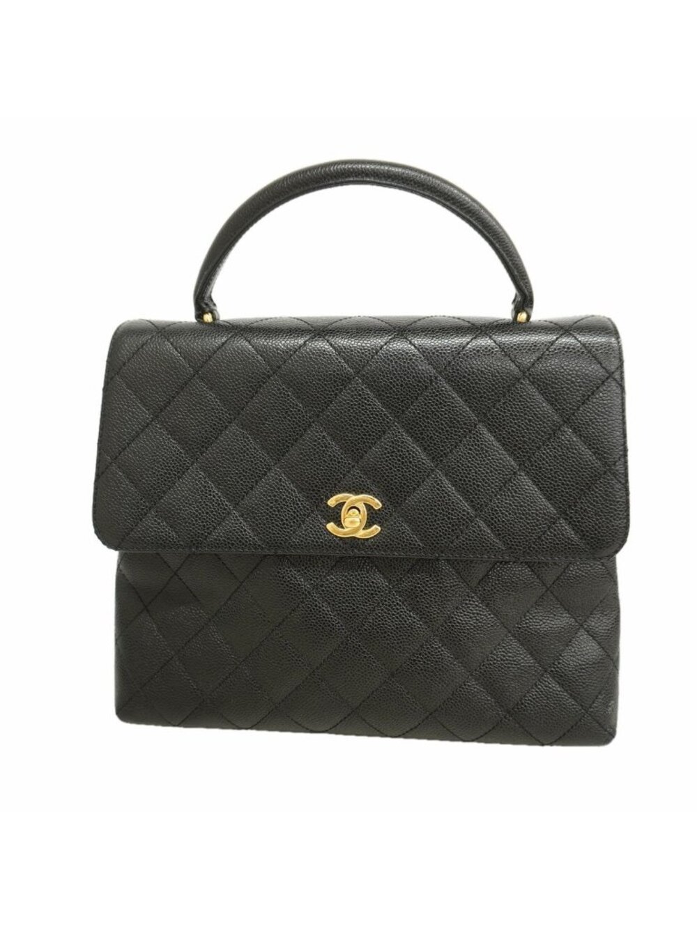 Chanel Handbag Quilted Caviar Leather Black Champagne Gold